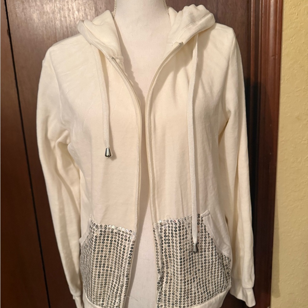 NWOT Women's Cream Velour Hoodie with Silver Accents by The Trend